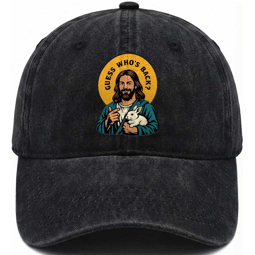 Guess Who is Back Funny Christian Easter Washed Cotton Baseball Cap Winking Jesus with Lamb Cute Resurrection Humor Gift TS02 Print Your Wear