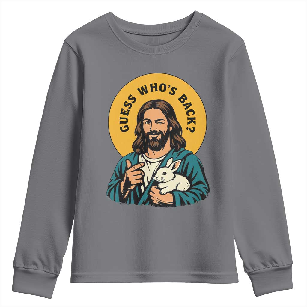 Guess Who is Back Funny Christian Easter Youth Sweatshirt Winking Jesus with Lamb Cute Resurrection Humor Gift TS02 Charcoal Print Your Wear