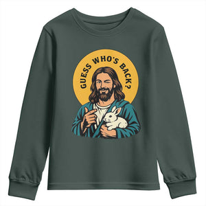 Guess Who is Back Funny Christian Easter Youth Sweatshirt Winking Jesus with Lamb Cute Resurrection Humor Gift TS02 Dark Forest Green Print Your Wear