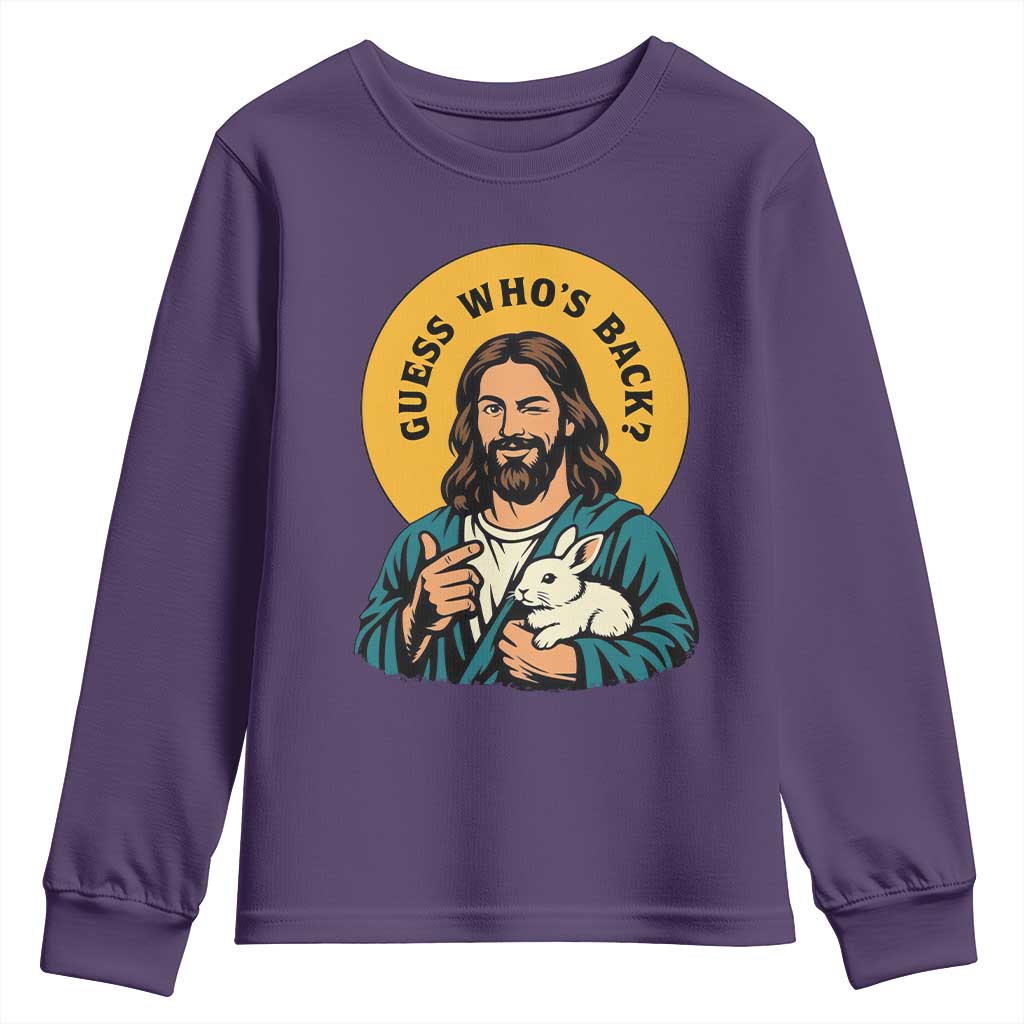 Guess Who is Back Funny Christian Easter Youth Sweatshirt Winking Jesus with Lamb Cute Resurrection Humor Gift TS02 Purple Print Your Wear