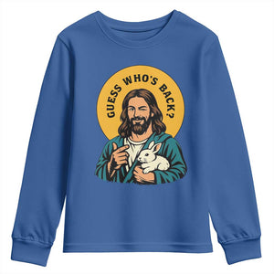 Guess Who is Back Funny Christian Easter Youth Sweatshirt Winking Jesus with Lamb Cute Resurrection Humor Gift TS02 Royal Blue Print Your Wear