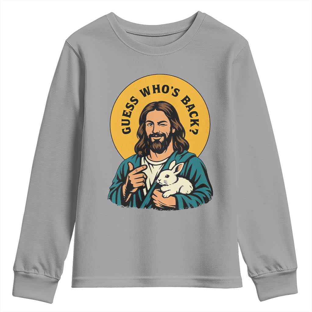 Guess Who is Back Funny Christian Easter Youth Sweatshirt Winking Jesus with Lamb Cute Resurrection Humor Gift TS02 Sport Gray Print Your Wear