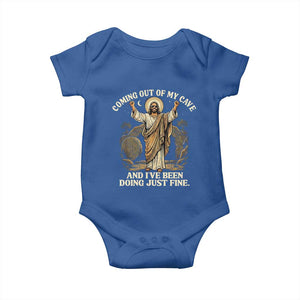 Coming Out Of My Cave Christian Easter Baby Onesie Risen Jesus Tomb Scene Inspirational Faith Message Gift TS02 Royal Blue Print Your Wear