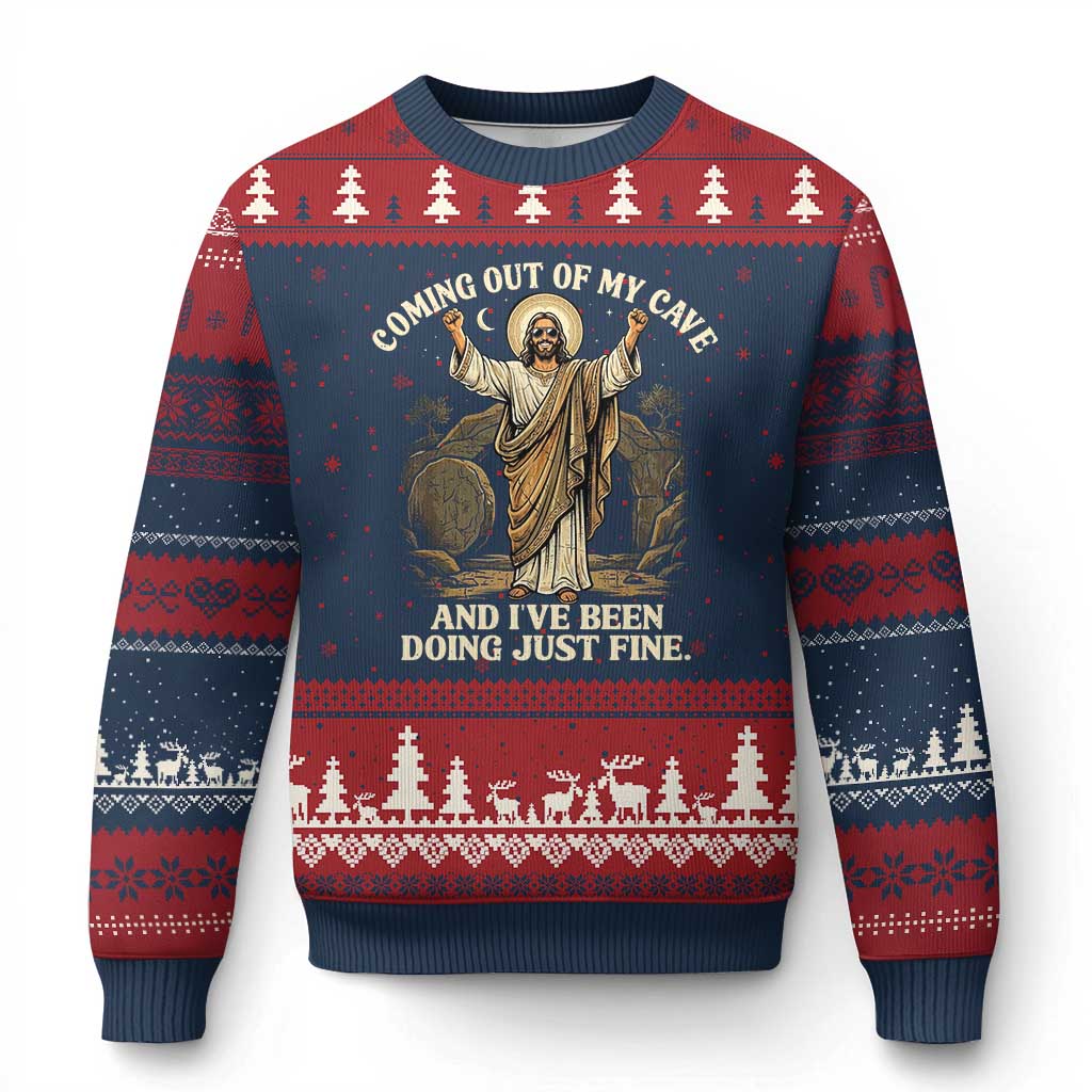 Coming Out Of My Cave Christian Easter Ugly Christmas Sweater Risen Jesus Tomb Scene Inspirational Faith Message Gift TS02 Navy Red Print Your Wear