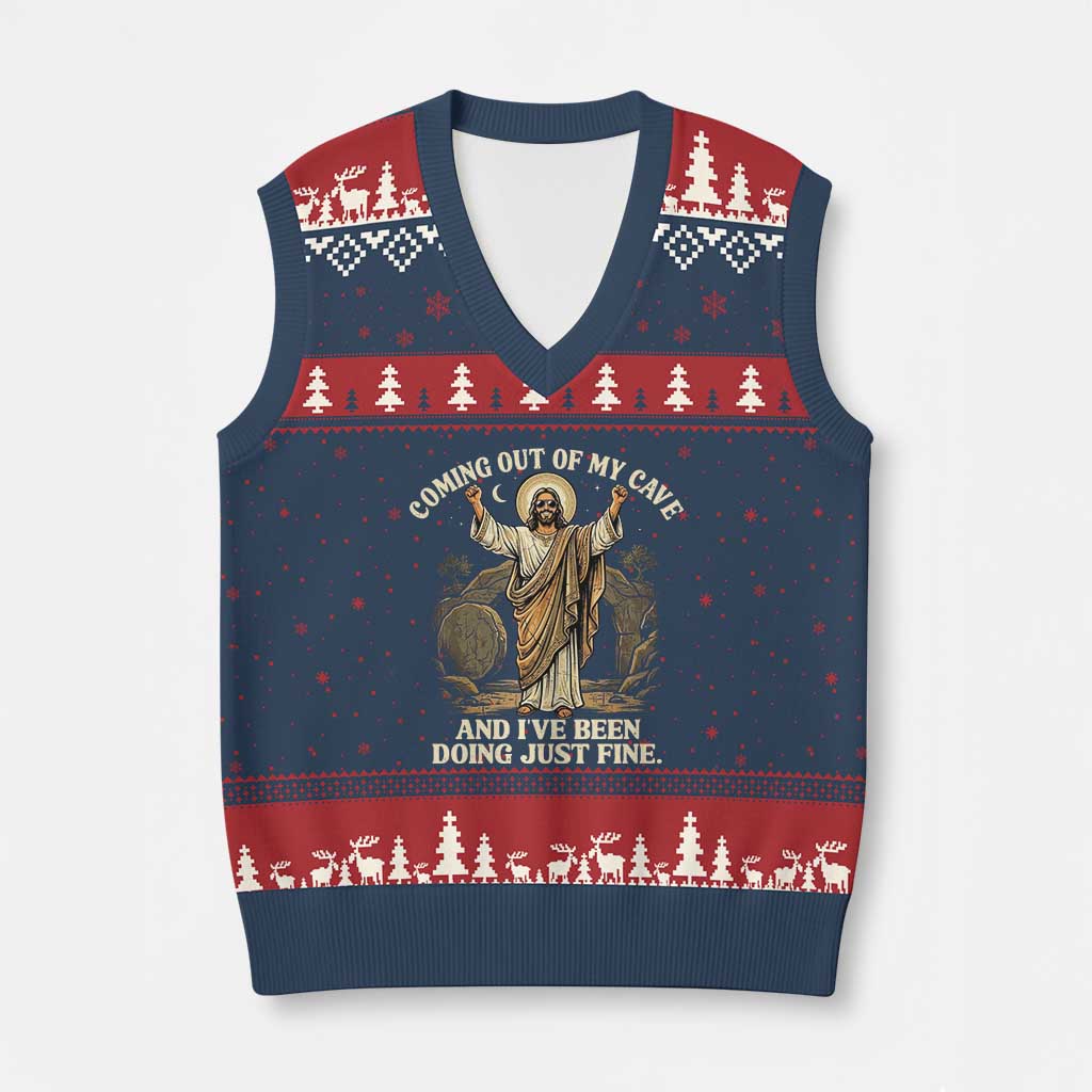 Coming Out Of My Cave Christian Easter V-Neck Knit Sweater Vest Risen Jesus Tomb Scene Inspirational Faith Message Gift TS02 Navy Red Print Your Wear