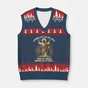 Coming Out Of My Cave Christian Easter V-Neck Knit Sweater Vest Risen Jesus Tomb Scene Inspirational Faith Message Gift TS02 Navy Red Print Your Wear