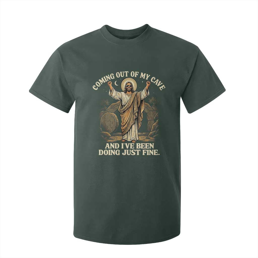 Coming Out Of My Cave Christian Easter T Shirt For Kid Risen Jesus Tomb Scene Inspirational Faith Message Gift TS02 Dark Forest Green Print Your Wear