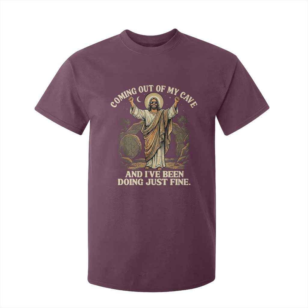 Coming Out Of My Cave Christian Easter T Shirt For Kid Risen Jesus Tomb Scene Inspirational Faith Message Gift TS02 Maroon Print Your Wear