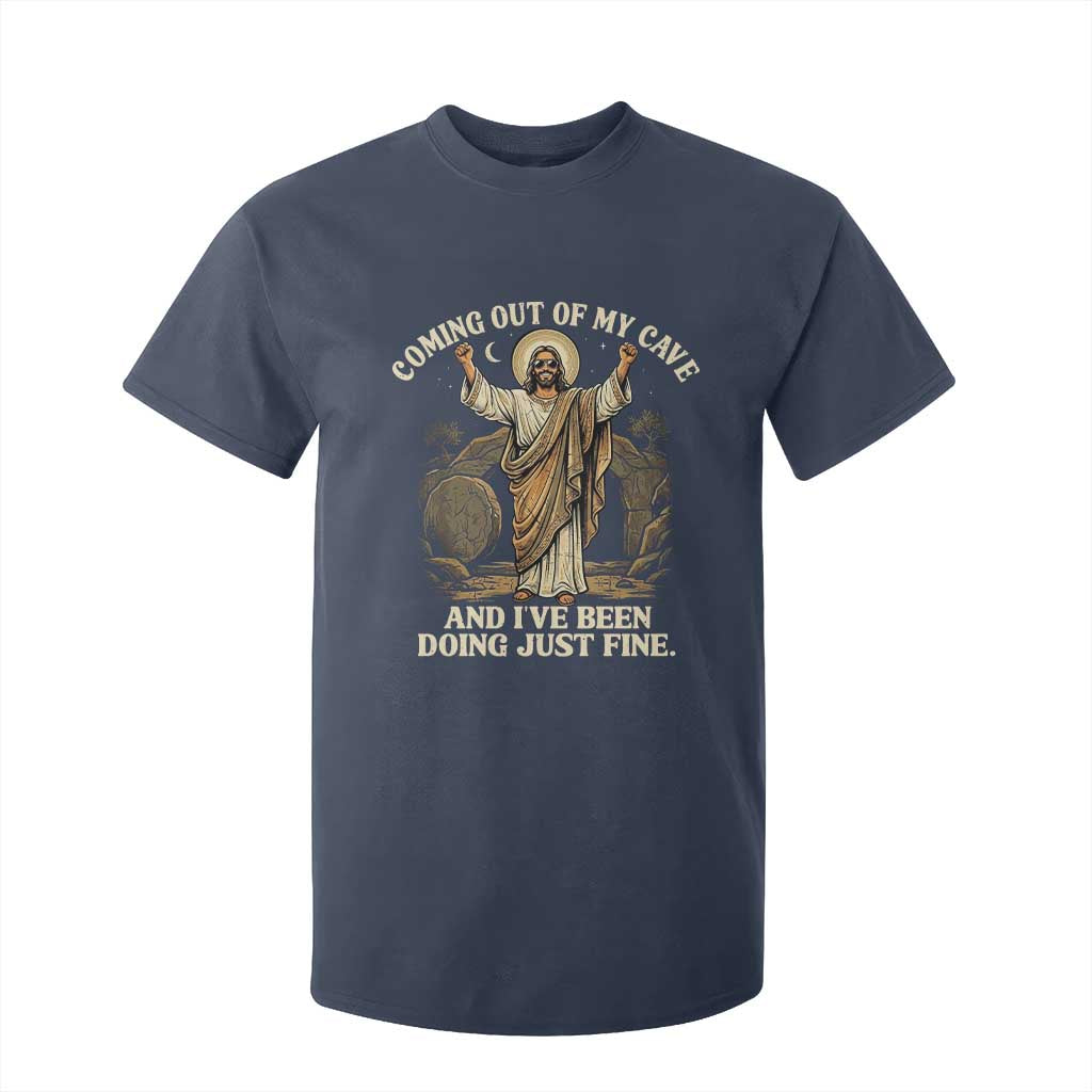 Coming Out Of My Cave Christian Easter T Shirt For Kid Risen Jesus Tomb Scene Inspirational Faith Message Gift TS02 Navy Print Your Wear