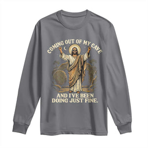 Coming Out Of My Cave Christian Easter Long Sleeve Shirt Risen Jesus Tomb Scene Inspirational Faith Message Gift TS02 Charcoal Print Your Wear