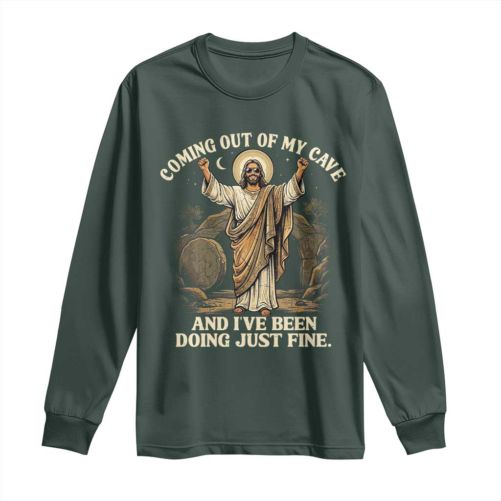 Coming Out Of My Cave Christian Easter Long Sleeve Shirt Risen Jesus Tomb Scene Inspirational Faith Message Gift TS02 Dark Forest Green Print Your Wear