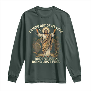 Coming Out Of My Cave Christian Easter Long Sleeve Shirt Risen Jesus Tomb Scene Inspirational Faith Message Gift TS02 Dark Forest Green Print Your Wear