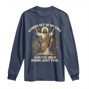 Coming Out Of My Cave Christian Easter Long Sleeve Shirt Risen Jesus Tomb Scene Inspirational Faith Message Gift TS02 Navy Print Your Wear
