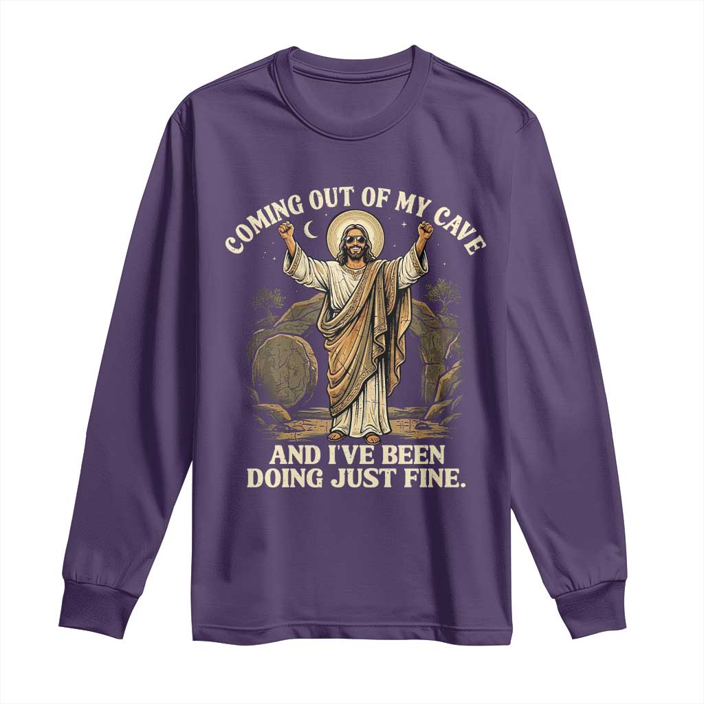 Coming Out Of My Cave Christian Easter Long Sleeve Shirt Risen Jesus Tomb Scene Inspirational Faith Message Gift TS02 Purple Print Your Wear