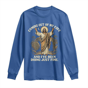 Coming Out Of My Cave Christian Easter Long Sleeve Shirt Risen Jesus Tomb Scene Inspirational Faith Message Gift TS02 Royal Blue Print Your Wear