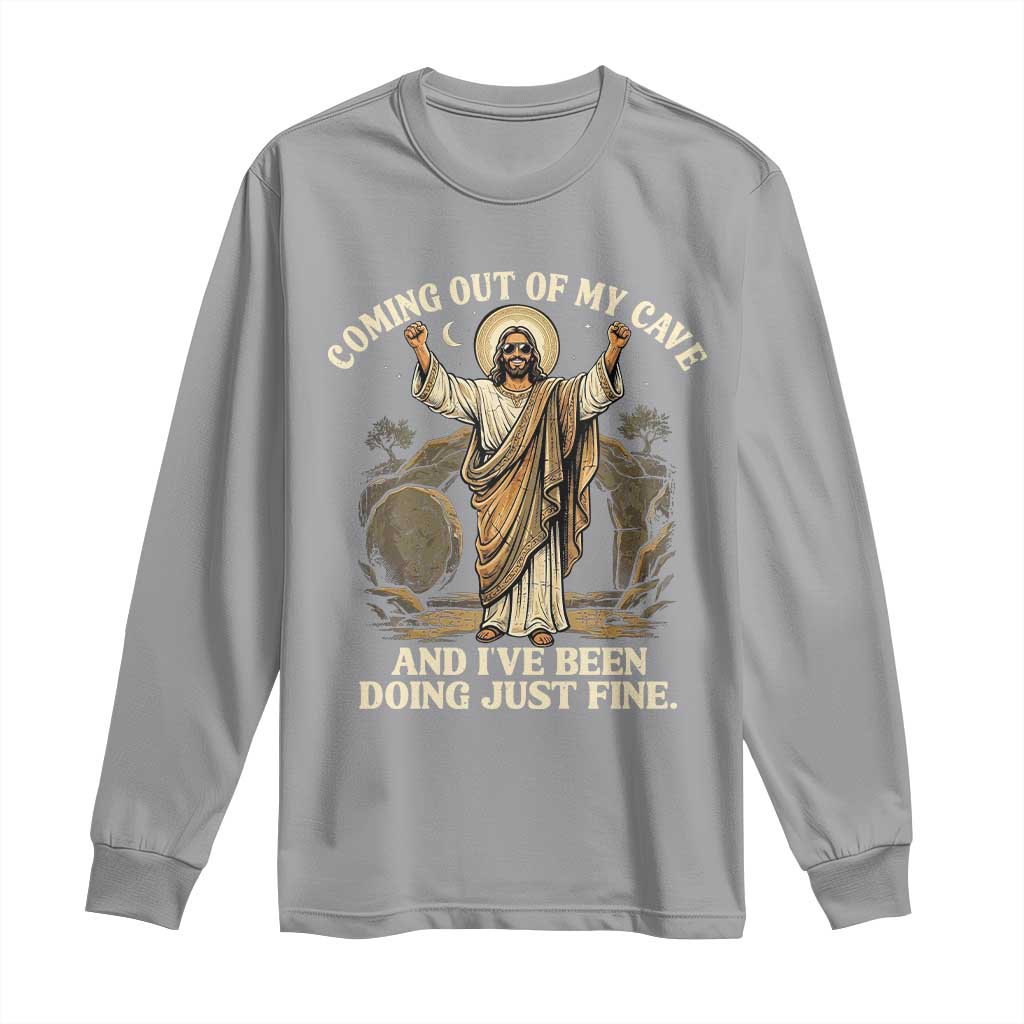 Coming Out Of My Cave Christian Easter Long Sleeve Shirt Risen Jesus Tomb Scene Inspirational Faith Message Gift TS02 Sport Gray Print Your Wear