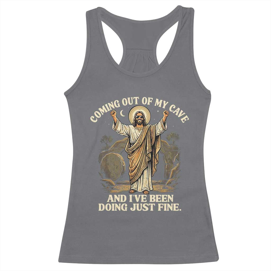 Coming Out Of My Cave Christian Easter Racerback Tank Top Risen Jesus Tomb Scene Inspirational Faith Message Gift TS02 Charcoal Print Your Wear