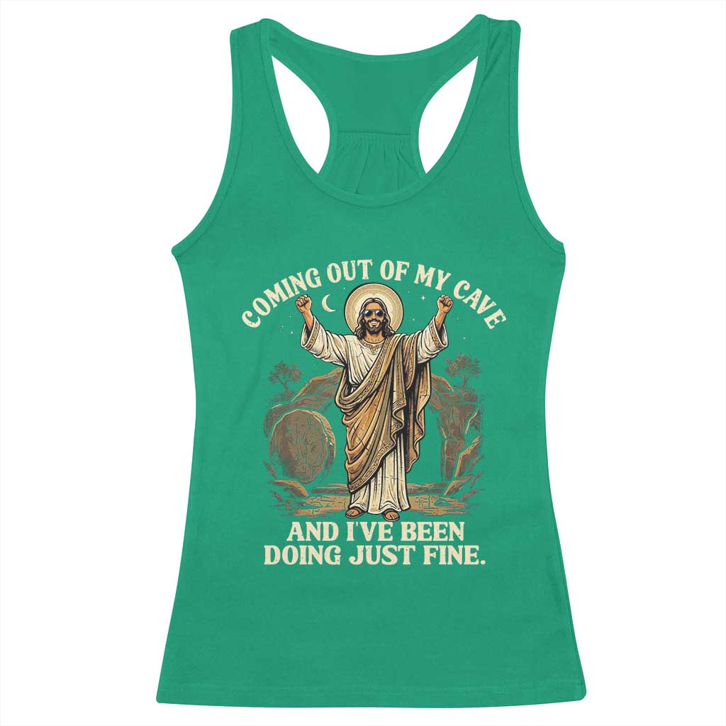 Coming Out Of My Cave Christian Easter Racerback Tank Top Risen Jesus Tomb Scene Inspirational Faith Message Gift TS02 Irish Green Print Your Wear