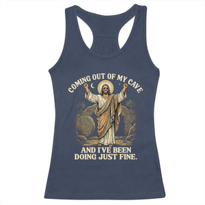 Coming Out Of My Cave Christian Easter Racerback Tank Top Risen Jesus Tomb Scene Inspirational Faith Message Gift TS02 Navy Print Your Wear