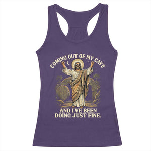 Coming Out Of My Cave Christian Easter Racerback Tank Top Risen Jesus Tomb Scene Inspirational Faith Message Gift TS02 Purple Print Your Wear
