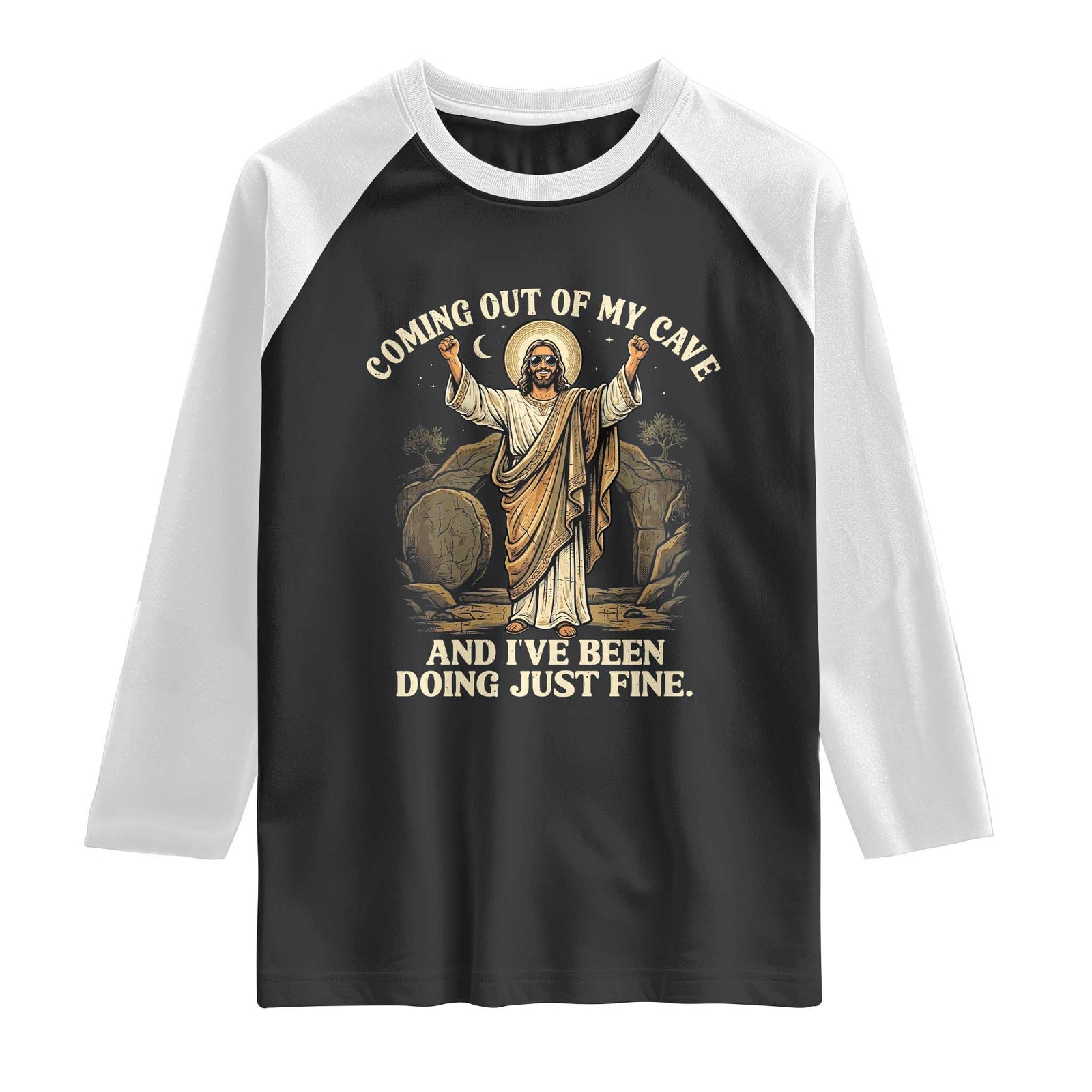 Coming Out Of My Cave Christian Easter Raglan Shirt Risen Jesus Tomb Scene Inspirational Faith Message Gift TS02 Black White Print Your Wear