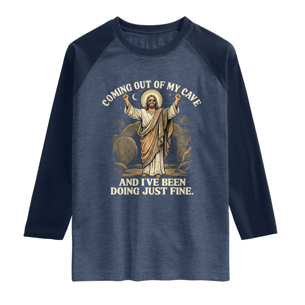 Coming Out Of My Cave Christian Easter Raglan Shirt Risen Jesus Tomb Scene Inspirational Faith Message Gift TS02 Heather Denim Navy Print Your Wear