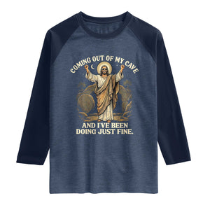 Coming Out Of My Cave Christian Easter Raglan Shirt Risen Jesus Tomb Scene Inspirational Faith Message Gift TS02 Heather Denim Navy Print Your Wear