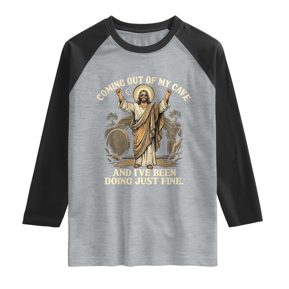 Coming Out Of My Cave Christian Easter Raglan Shirt Risen Jesus Tomb Scene Inspirational Faith Message Gift TS02 Heather Gray Black Print Your Wear