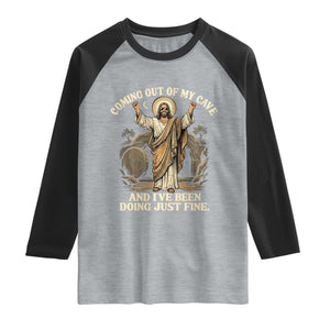 Coming Out Of My Cave Christian Easter Raglan Shirt Risen Jesus Tomb Scene Inspirational Faith Message Gift TS02 Heather Gray Black Print Your Wear
