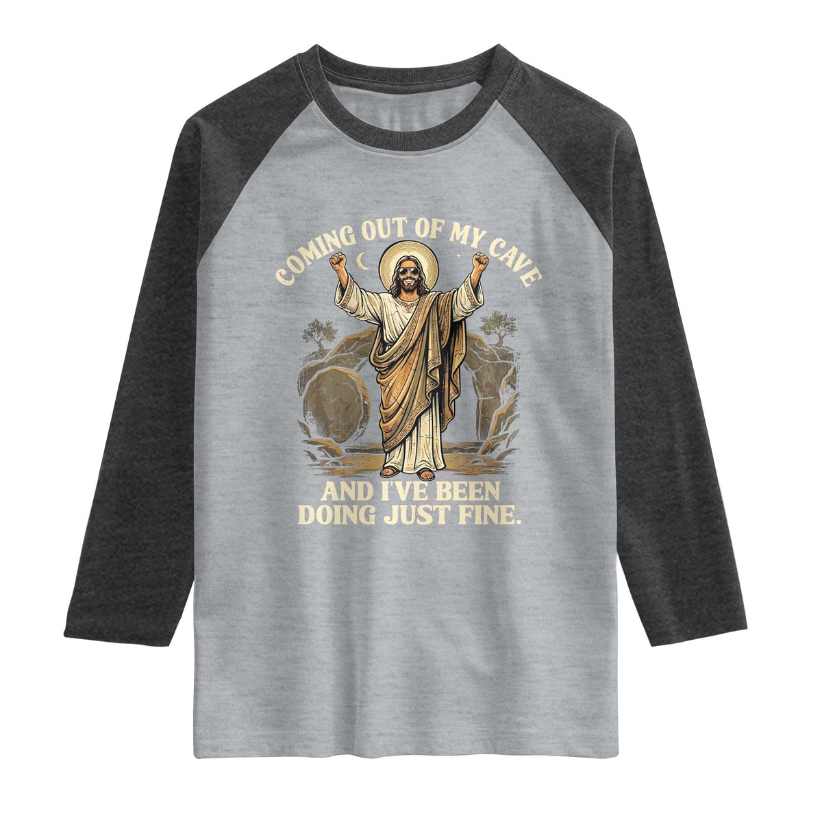 Coming Out Of My Cave Christian Easter Raglan Shirt Risen Jesus Tomb Scene Inspirational Faith Message Gift TS02 Heather Gray Heather Charcoal Print Your Wear