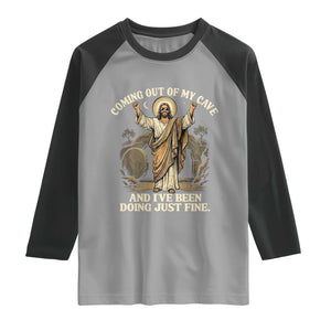 Coming Out Of My Cave Christian Easter Raglan Shirt Risen Jesus Tomb Scene Inspirational Faith Message Gift TS02 Sport Gray Black Print Your Wear