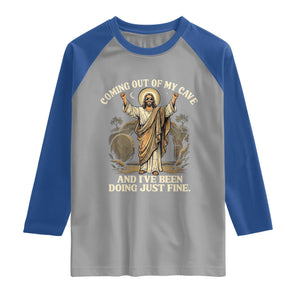 Coming Out Of My Cave Christian Easter Raglan Shirt Risen Jesus Tomb Scene Inspirational Faith Message Gift TS02 Sport Gray Royal Print Your Wear