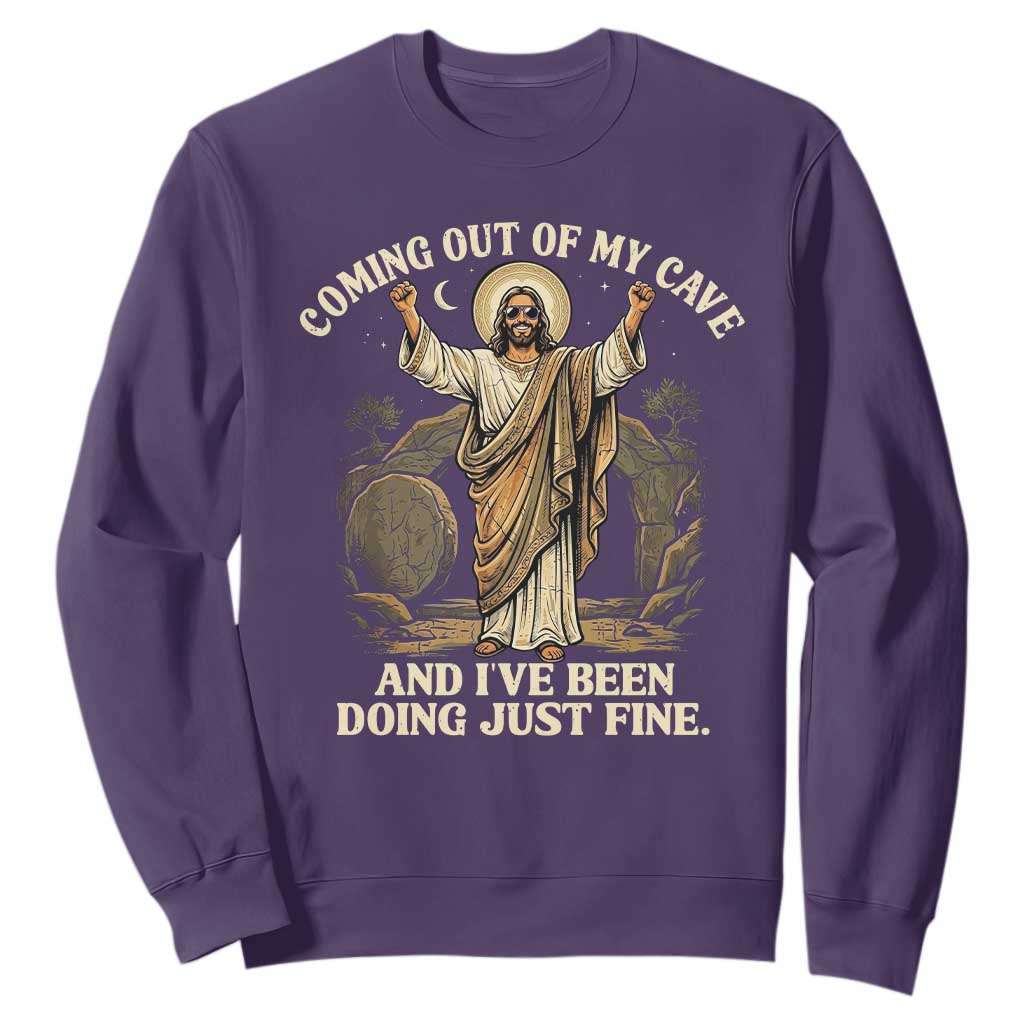 Coming Out Of My Cave Christian Easter Sweatshirt Risen Jesus Tomb Scene Inspirational Faith Message Gift TS02 Purple Print Your Wear