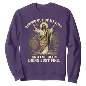 Coming Out Of My Cave Christian Easter Sweatshirt Risen Jesus Tomb Scene Inspirational Faith Message Gift TS02 Purple Print Your Wear