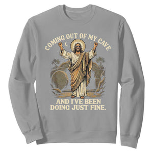 Coming Out Of My Cave Christian Easter Sweatshirt Risen Jesus Tomb Scene Inspirational Faith Message Gift TS02 Sport Gray Print Your Wear