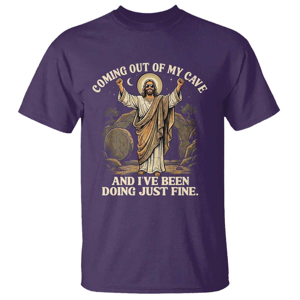 Coming Out Of My Cave Christian Easter T Shirt Risen Jesus Tomb Scene Inspirational Faith Message Gift TS02 Purple Print Your Wear