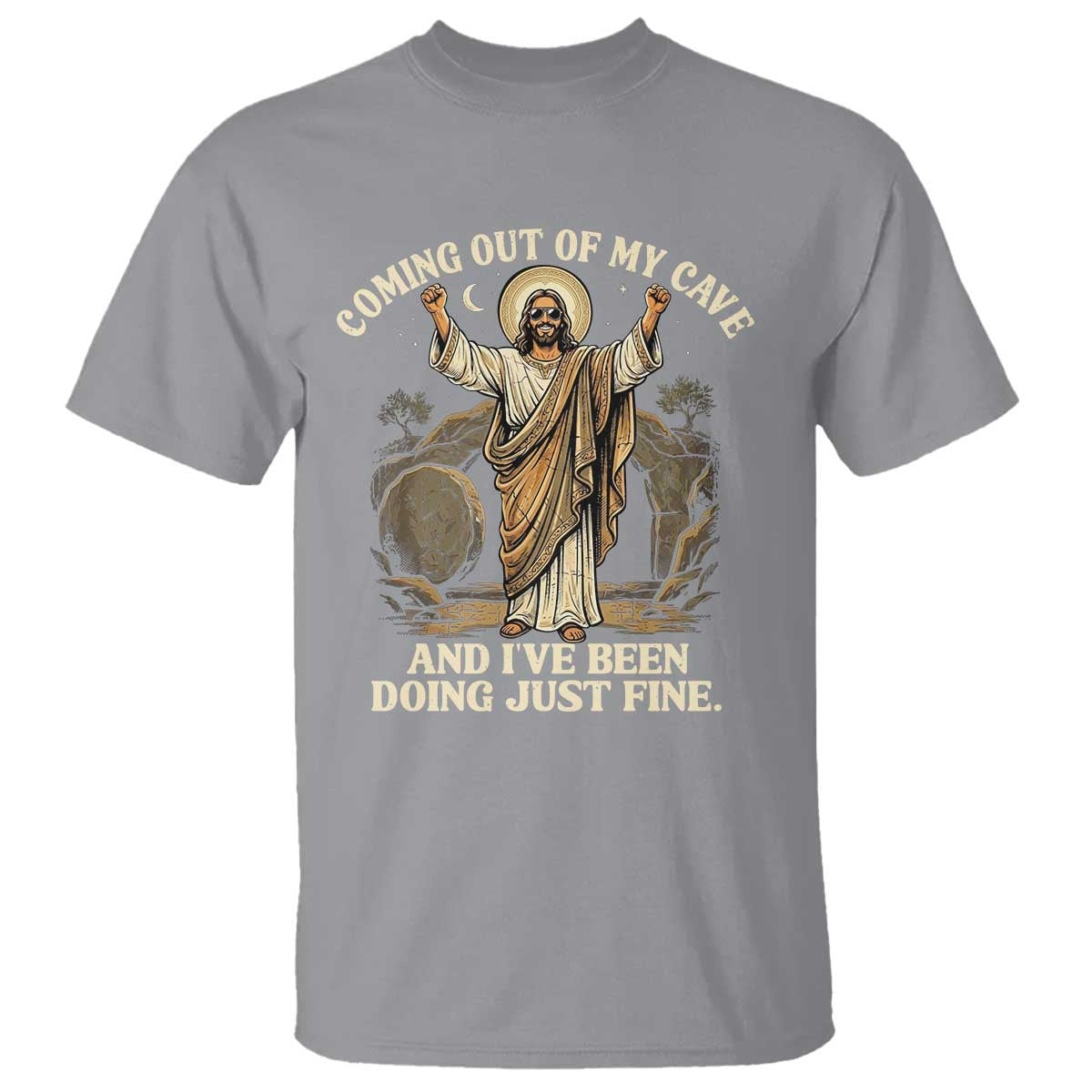 Coming Out Of My Cave Christian Easter T Shirt Risen Jesus Tomb Scene Inspirational Faith Message Gift TS02 Sport Gray Print Your Wear