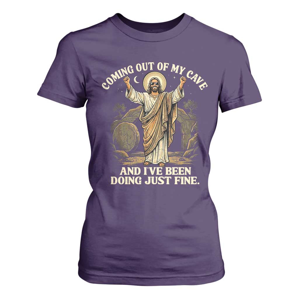 Coming Out Of My Cave Christian Easter T Shirt For Women Risen Jesus Tomb Scene Inspirational Faith Message Gift TS02 Purple Print Your Wear