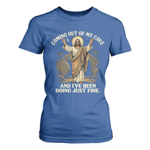 Coming Out Of My Cave Christian Easter T Shirt For Women Risen Jesus Tomb Scene Inspirational Faith Message Gift TS02 Royal Blue Print Your Wear