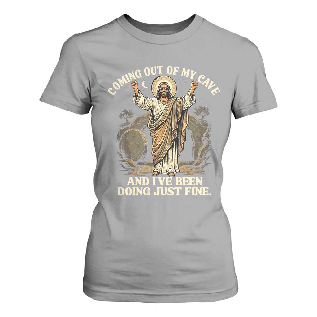 Coming Out Of My Cave Christian Easter T Shirt For Women Risen Jesus Tomb Scene Inspirational Faith Message Gift TS02 Sport Gray Print Your Wear