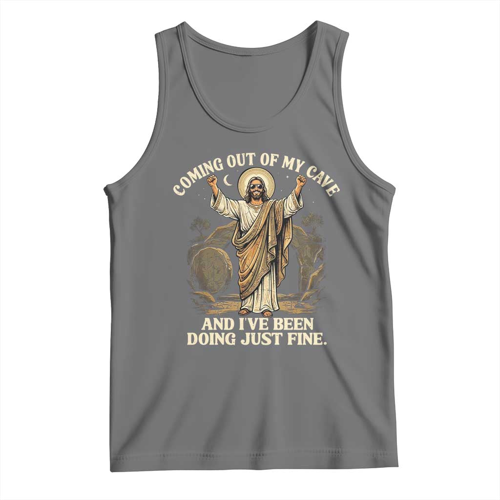 Coming Out Of My Cave Christian Easter Tank Top Risen Jesus Tomb Scene Inspirational Faith Message Gift TS02 Black Heather Print Your Wear