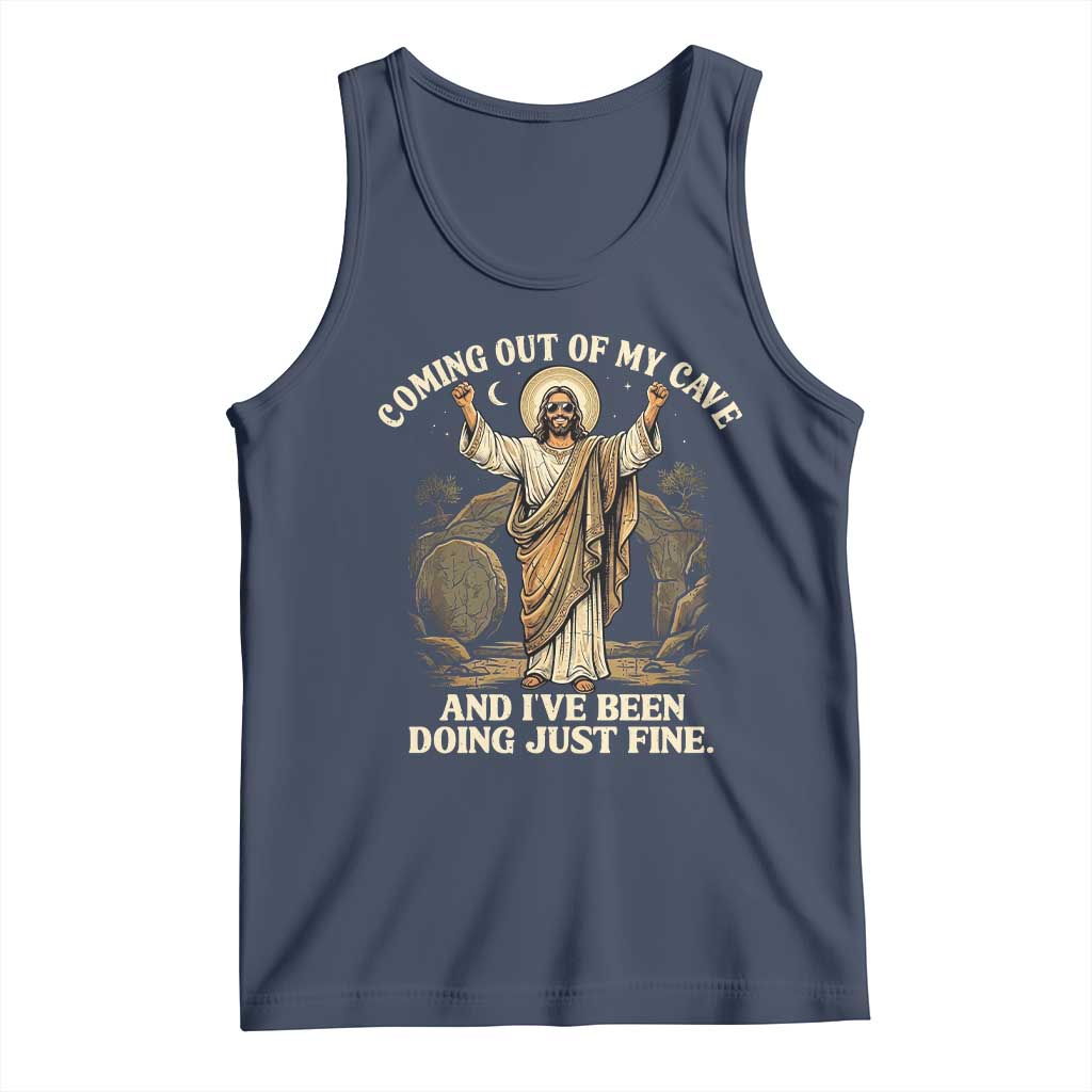 Coming Out Of My Cave Christian Easter Tank Top Risen Jesus Tomb Scene Inspirational Faith Message Gift TS02 Navy Print Your Wear