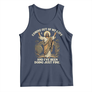 Coming Out Of My Cave Christian Easter Tank Top Risen Jesus Tomb Scene Inspirational Faith Message Gift TS02 Navy Print Your Wear