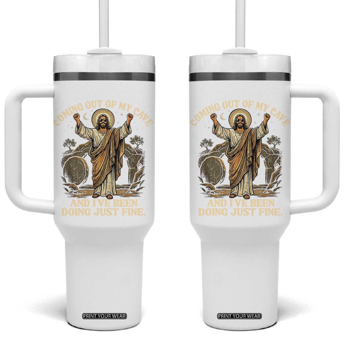 Coming Out Of My Cave Christian Easter Tumbler With Handle Risen Jesus Tomb Scene Inspirational Faith Message Gift TS02 One Size: 40 oz Black Print Your Wear