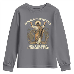 Coming Out Of My Cave Christian Easter Youth Sweatshirt Risen Jesus Tomb Scene Inspirational Faith Message Gift TS02 Charcoal Print Your Wear
