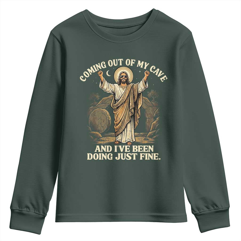 Coming Out Of My Cave Christian Easter Youth Sweatshirt Risen Jesus Tomb Scene Inspirational Faith Message Gift TS02 Dark Forest Green Print Your Wear