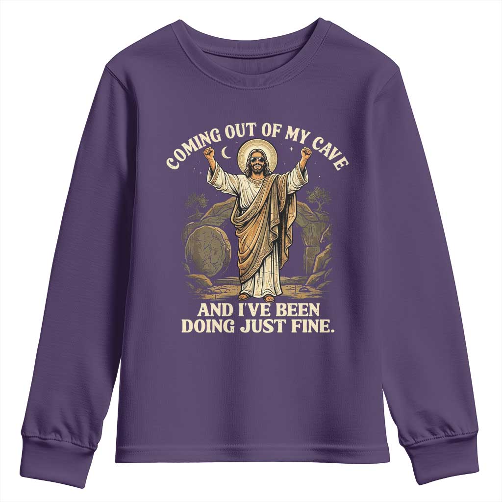 Coming Out Of My Cave Christian Easter Youth Sweatshirt Risen Jesus Tomb Scene Inspirational Faith Message Gift TS02 Purple Print Your Wear
