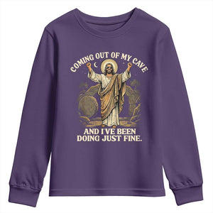 Coming Out Of My Cave Christian Easter Youth Sweatshirt Risen Jesus Tomb Scene Inspirational Faith Message Gift TS02 Purple Print Your Wear