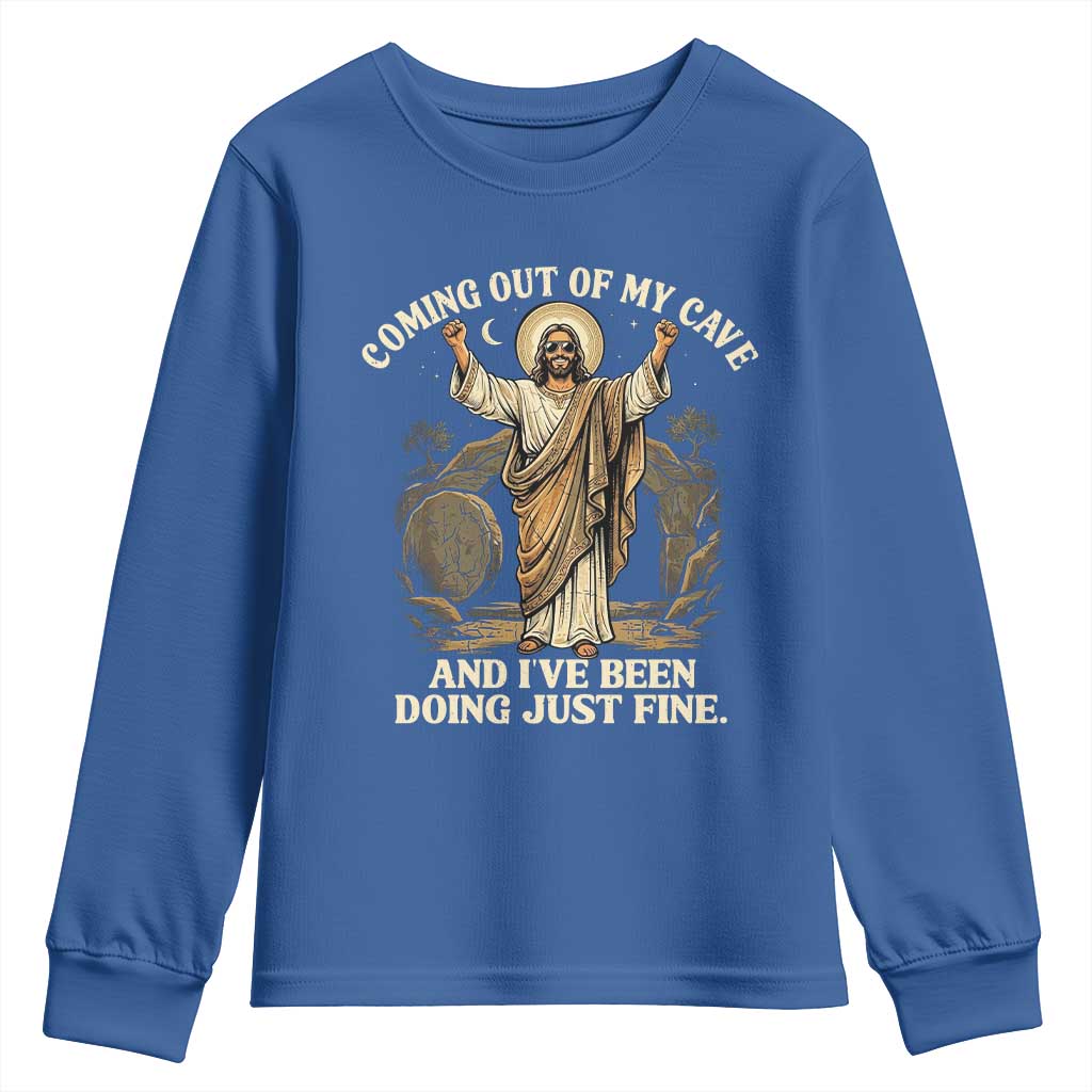 Coming Out Of My Cave Christian Easter Youth Sweatshirt Risen Jesus Tomb Scene Inspirational Faith Message Gift TS02 Royal Blue Print Your Wear