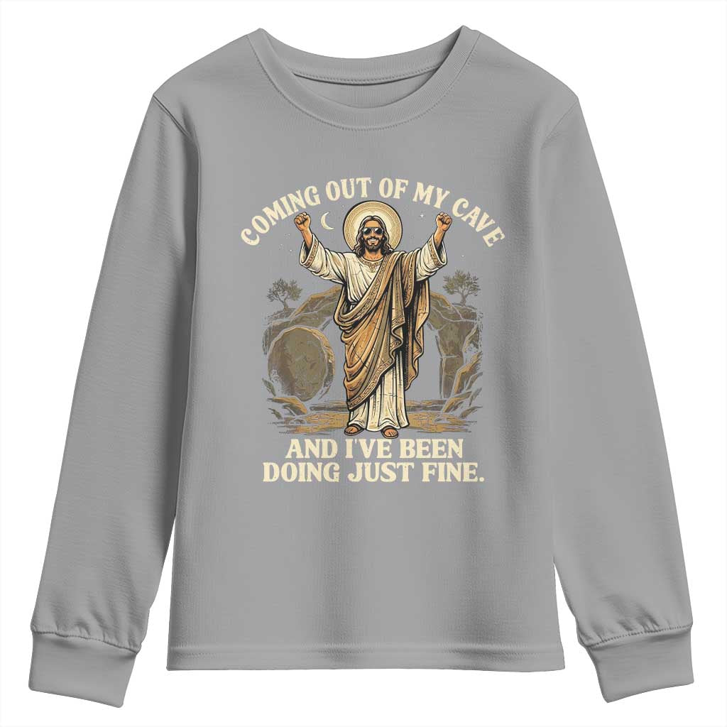 Coming Out Of My Cave Christian Easter Youth Sweatshirt Risen Jesus Tomb Scene Inspirational Faith Message Gift TS02 Sport Gray Print Your Wear